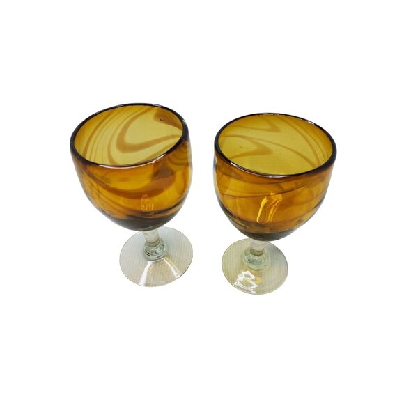 Vintage Hand Blown Amber Swirl Wine Glasses Set Of 2 - Picture 3 of 6